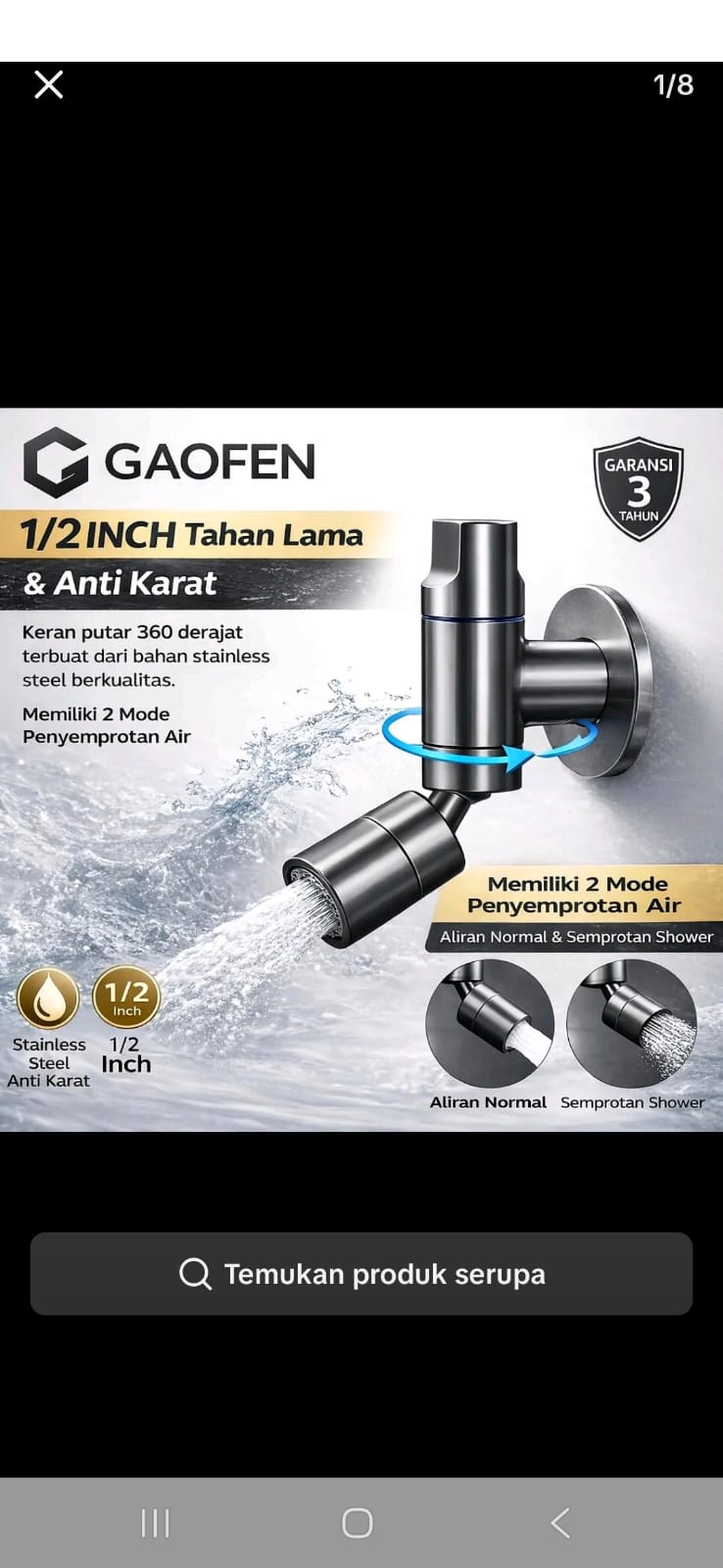GAOFEN Kran Putar 360° Stainless Steel 1/2 Inch